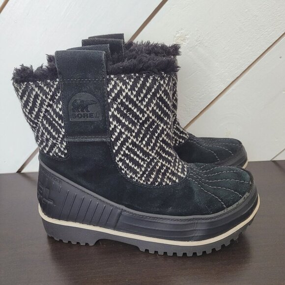 Sorel Youth Boy's Suede Winter Boots Size 4 Faux Fur Lined Check Pattern JPT - Picture 1 of 10